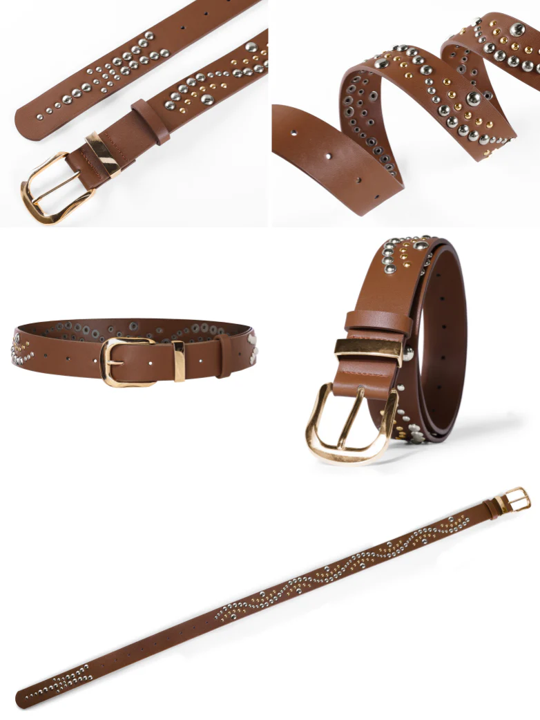 Women’s Leather Western Belt with Gold Buckle and Metal Studs - Image 10