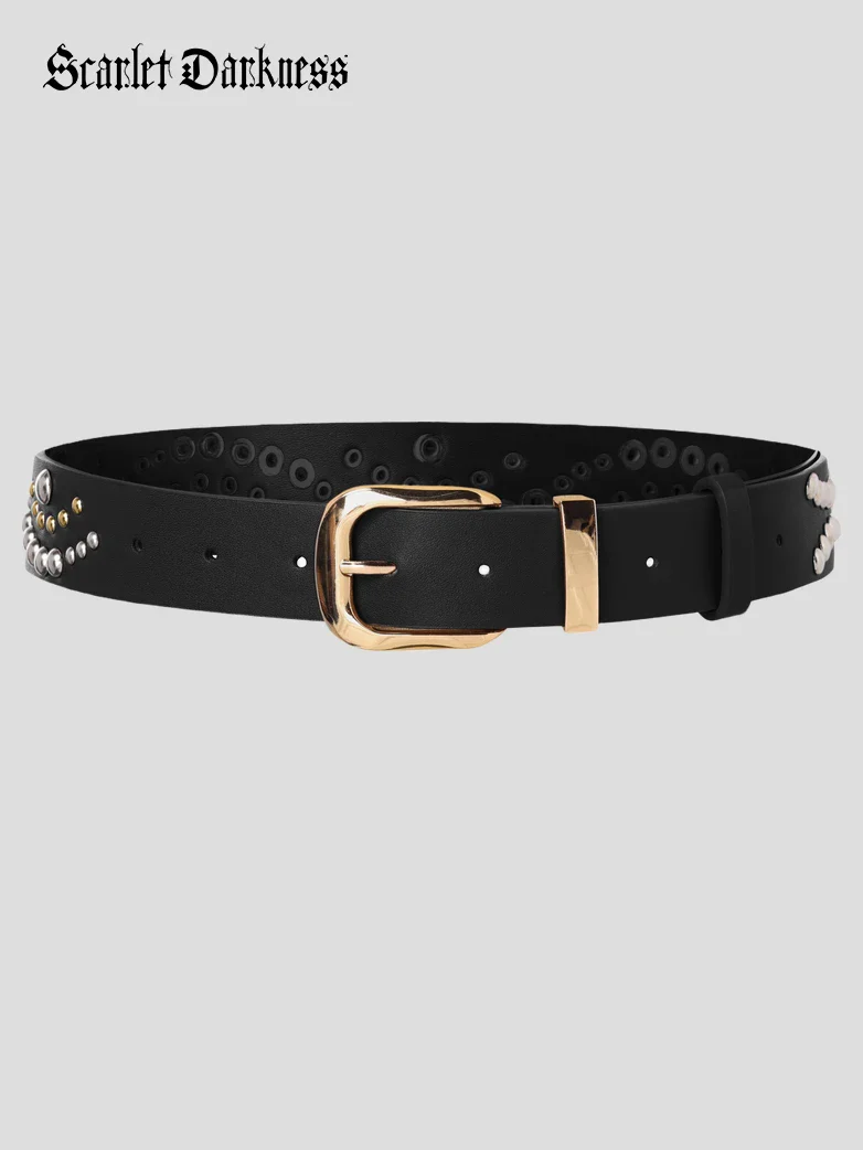 Women’s Leather Western Belt with Gold Buckle and Metal Studs - Image 2