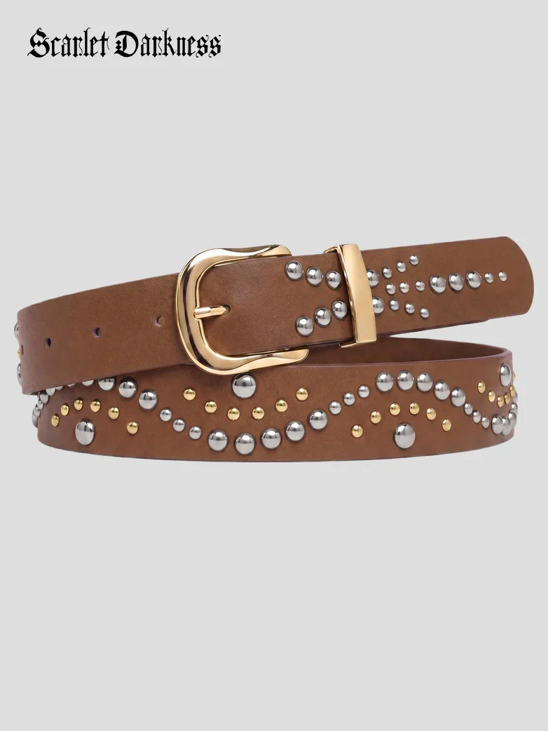 Women’s Leather Western Belt with Gold Buckle and Metal Studs - Image 6