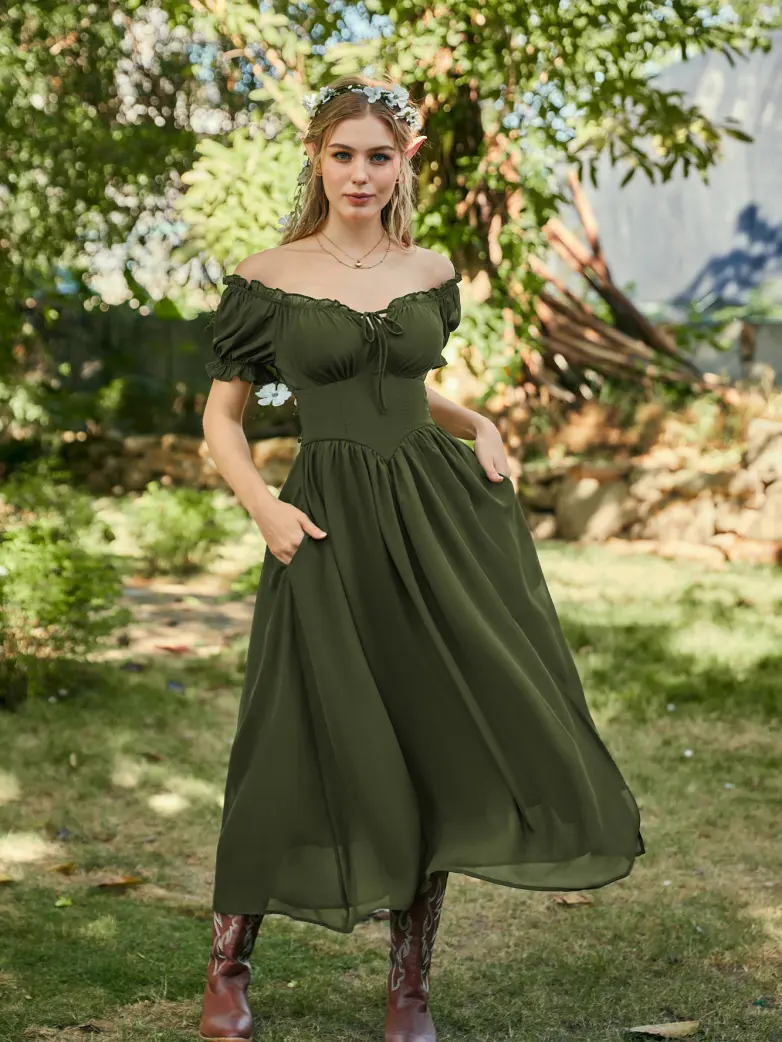 Renaissance Off Shoulder Milkmaid Pockets Dress - Image 3