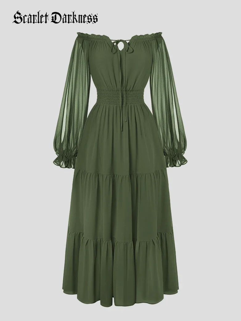 Renaissance Chiffon Sleeve Elastic Waist Pocket Dress