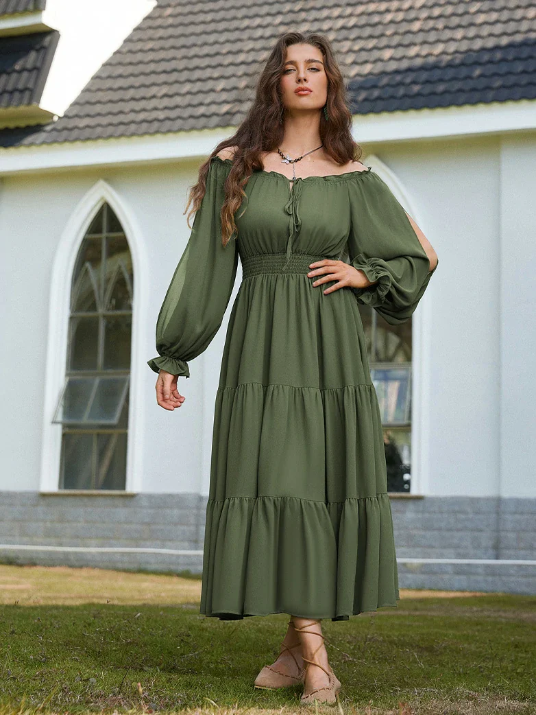 Renaissance Chiffon Sleeve Elastic Waist Pocket Dress - Image 2