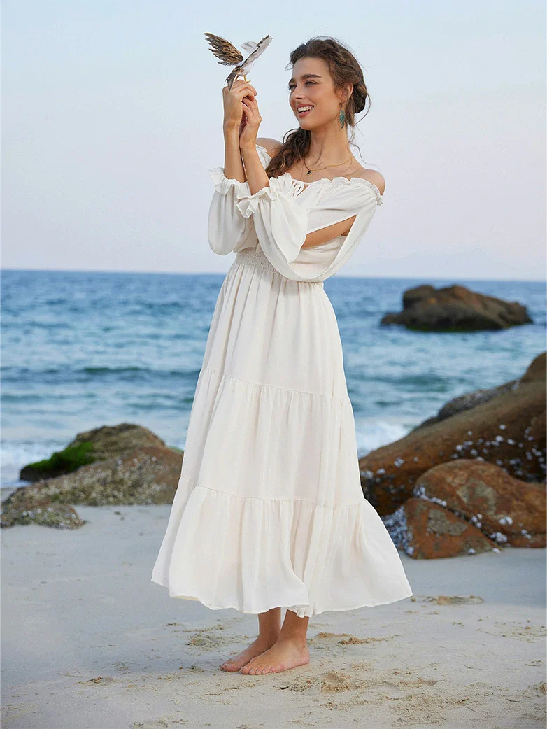 Renaissance Chiffon Sleeve Elastic Waist Pocket Dress - Image 23