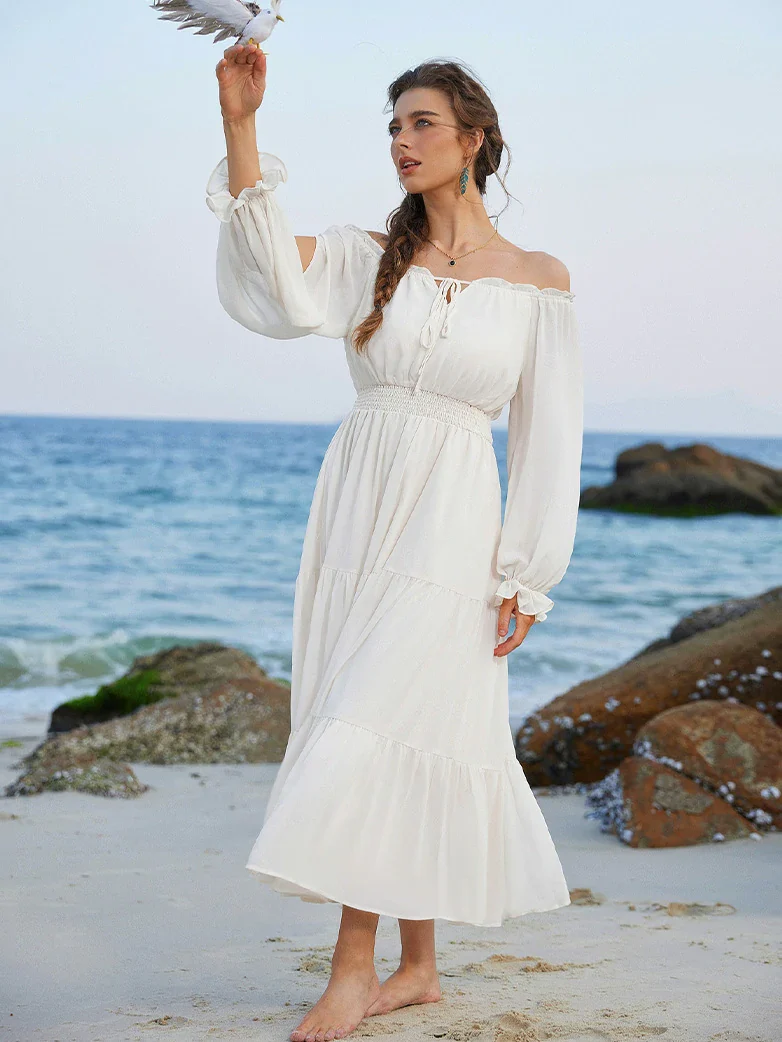 Renaissance Chiffon Sleeve Elastic Waist Pocket Dress - Image 25