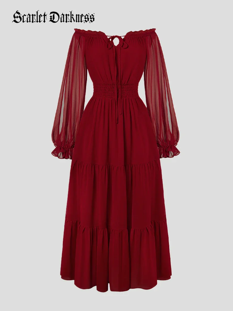 Renaissance Chiffon Sleeve Elastic Waist Pocket Dress - Image 29