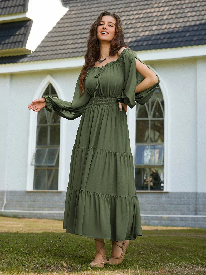 Renaissance Chiffon Sleeve Elastic Waist Pocket Dress - Image 3