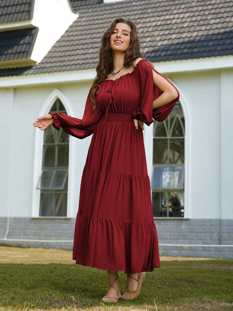 Renaissance Chiffon Sleeve Elastic Waist Pocket Dress - Image 30