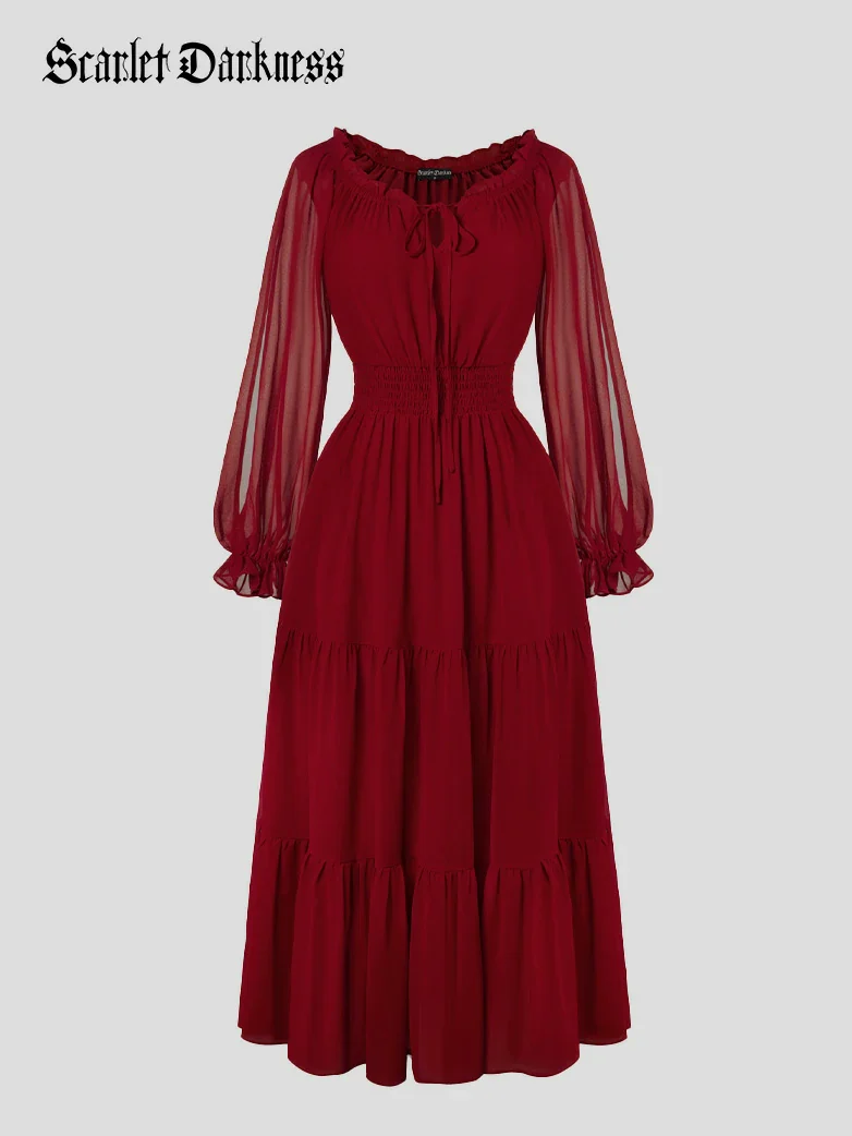 Renaissance Chiffon Sleeve Elastic Waist Pocket Dress - Image 32