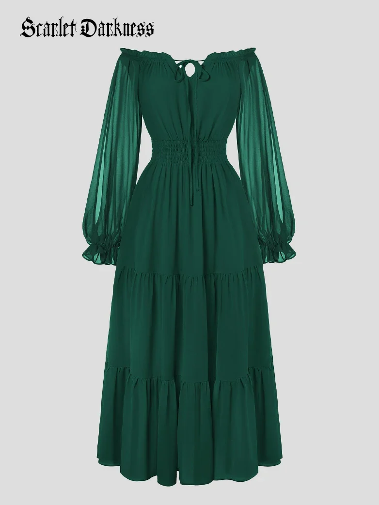 Renaissance Chiffon Sleeve Elastic Waist Pocket Dress - Image 35