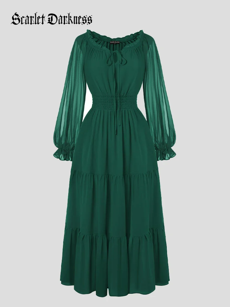 Renaissance Chiffon Sleeve Elastic Waist Pocket Dress - Image 36