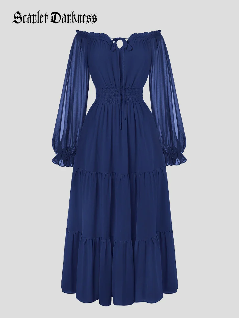 Renaissance Chiffon Sleeve Elastic Waist Pocket Dress - Image 41