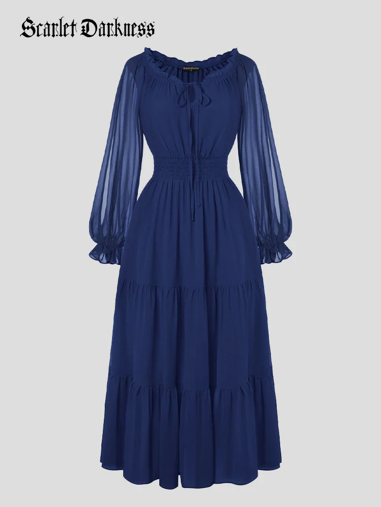 Renaissance Chiffon Sleeve Elastic Waist Pocket Dress - Image 42