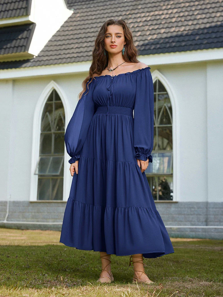 Renaissance Chiffon Sleeve Elastic Waist Pocket Dress - Image 43