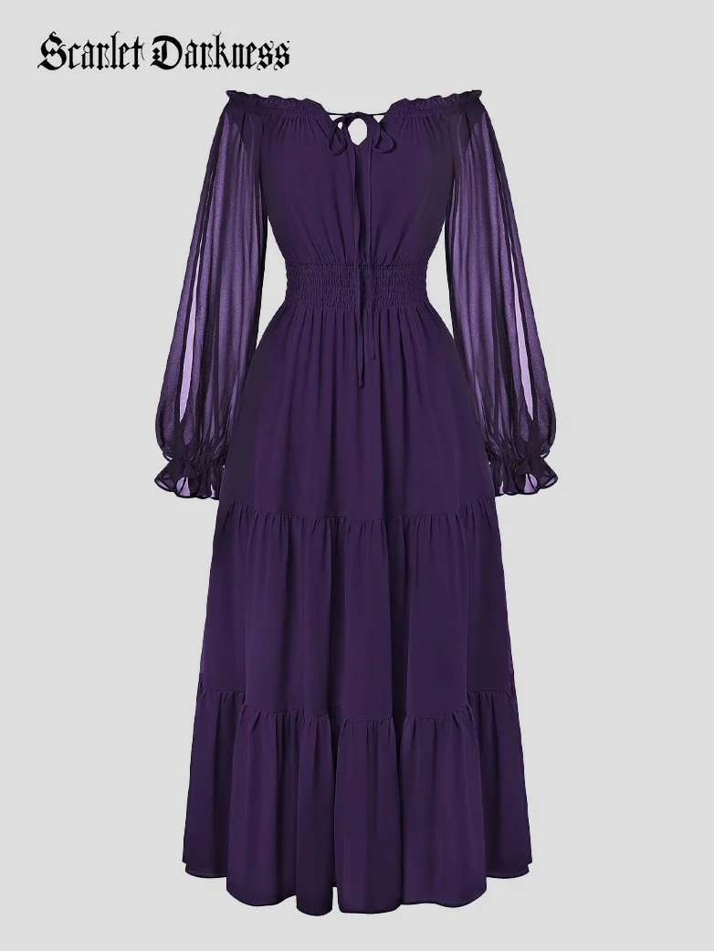Renaissance Chiffon Sleeve Elastic Waist Pocket Dress - Image 47