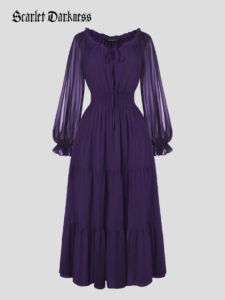 Renaissance Chiffon Sleeve Elastic Waist Pocket Dress - Image 48