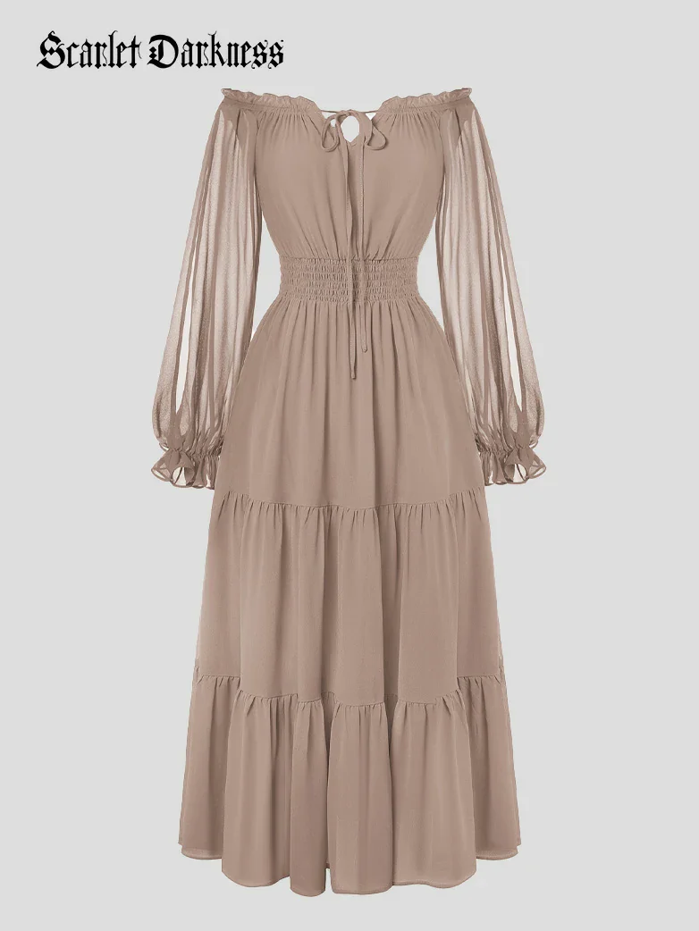 Renaissance Chiffon Sleeve Elastic Waist Pocket Dress - Image 54