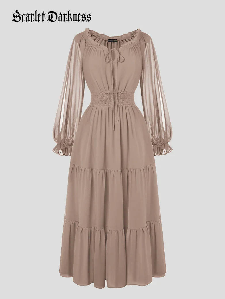 Renaissance Chiffon Sleeve Elastic Waist Pocket Dress - Image 55