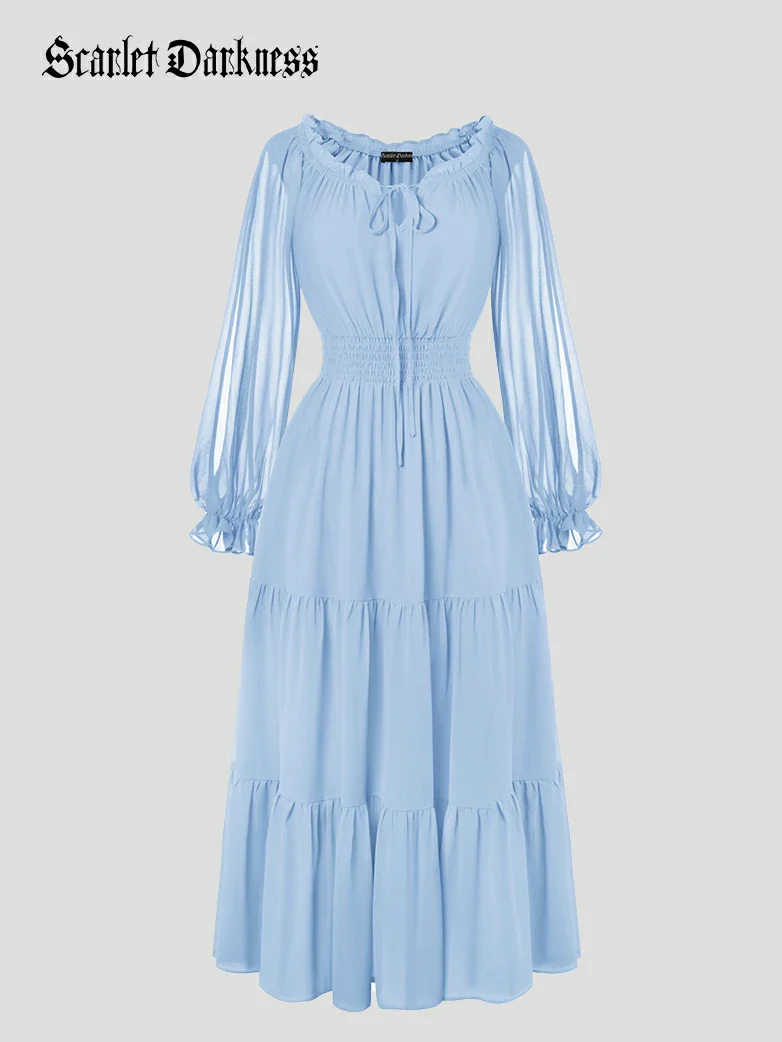 Renaissance Chiffon Sleeve Elastic Waist Pocket Dress - Image 60