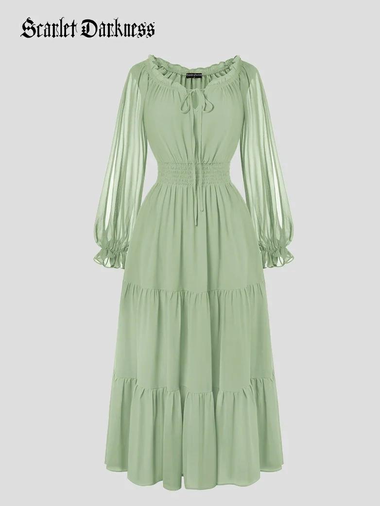 Renaissance Chiffon Sleeve Elastic Waist Pocket Dress - Image 61