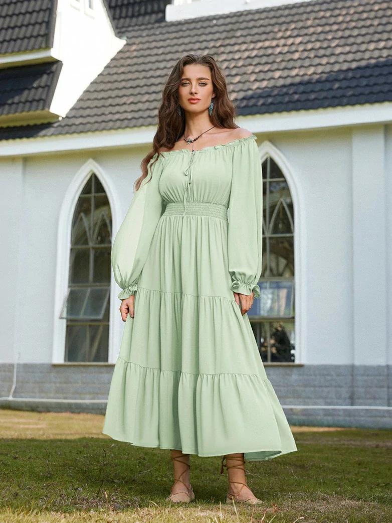 Renaissance Chiffon Sleeve Elastic Waist Pocket Dress - Image 63