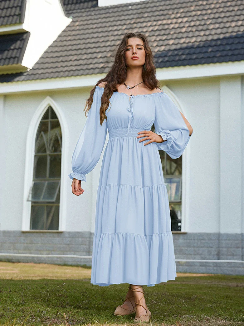 Renaissance Chiffon Sleeve Elastic Waist Pocket Dress - Image 65