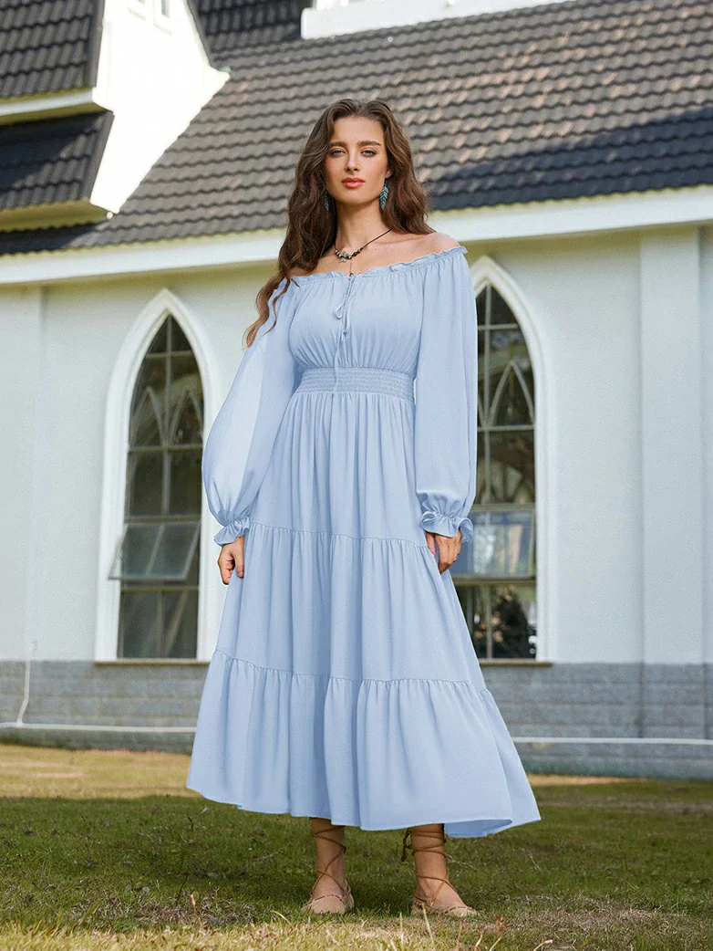 Renaissance Chiffon Sleeve Elastic Waist Pocket Dress - Image 66