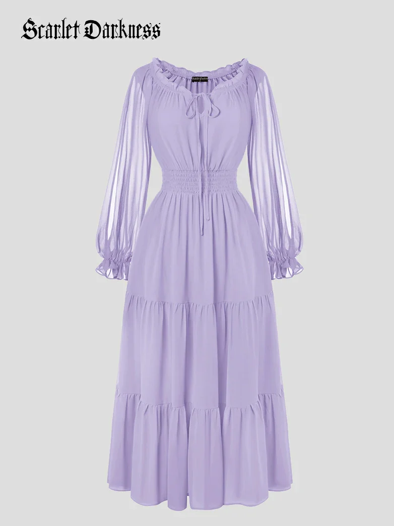 Renaissance Chiffon Sleeve Elastic Waist Pocket Dress - Image 67