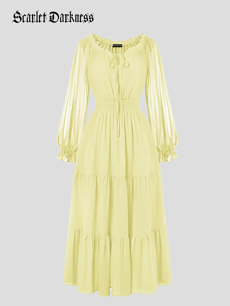 Renaissance Chiffon Sleeve Elastic Waist Pocket Dress - Image 70