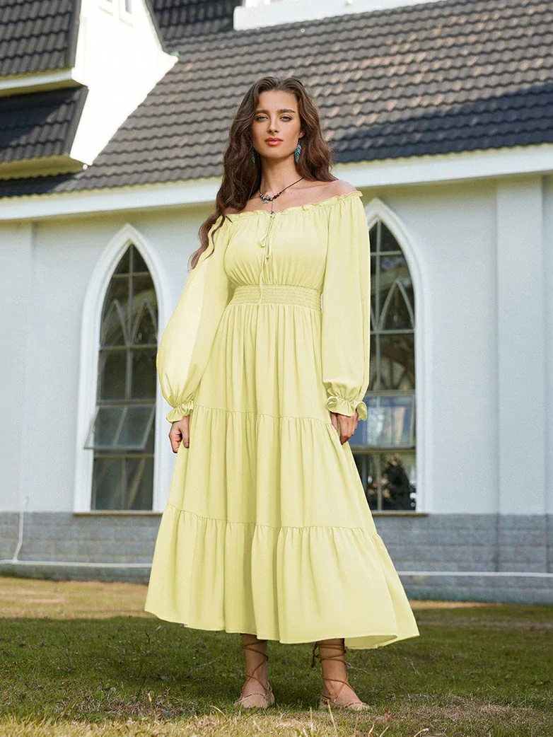 Renaissance Chiffon Sleeve Elastic Waist Pocket Dress - Image 72