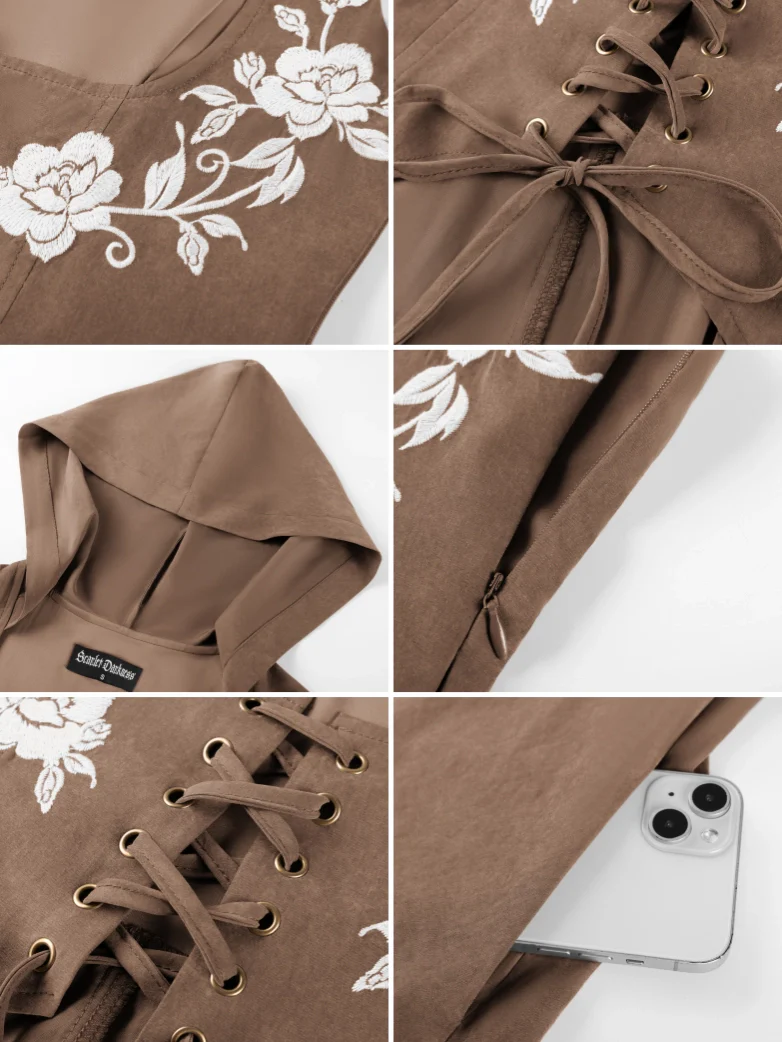 Renaissance Warrior Rose-embroidered Hooded Vest Dress - Image 82