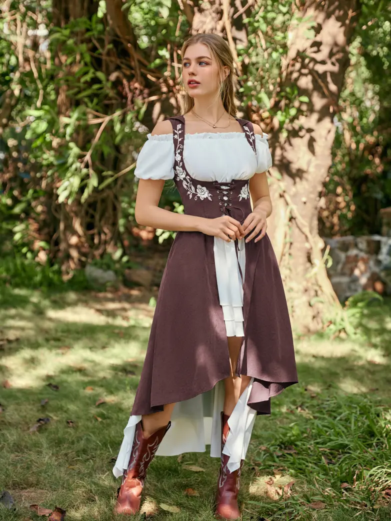 Renaissance Warrior Rose-embroidered Hooded Vest Dress - Image 63