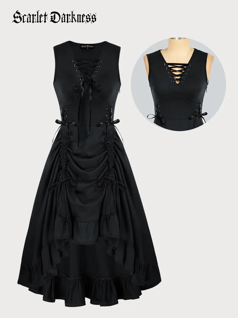 Women Steampunk Lace-up Drawstring High-lo Dress