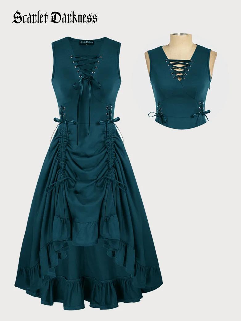 Women Steampunk Lace-up Drawstring High-lo Dress - Image 11