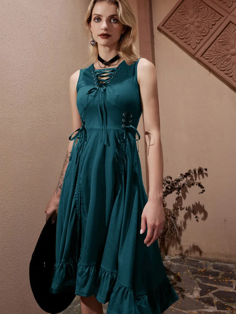 Women Steampunk Lace-up Drawstring High-lo Dress - Image 12