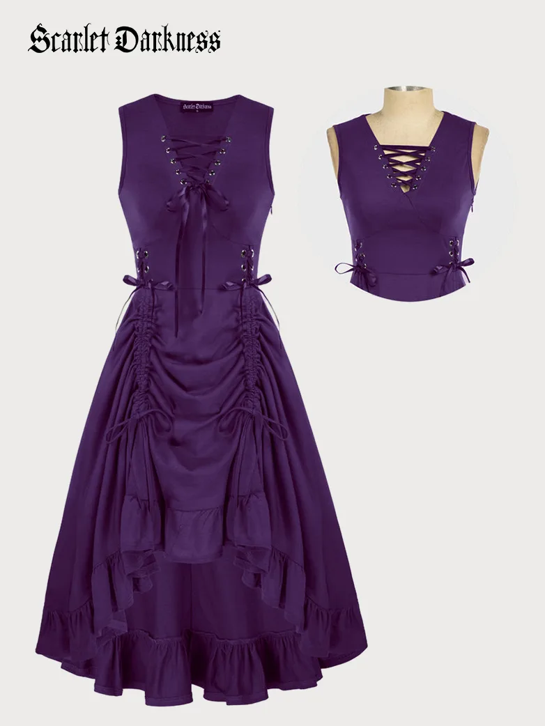 Women Steampunk Lace-up Drawstring High-lo Dress - Image 13