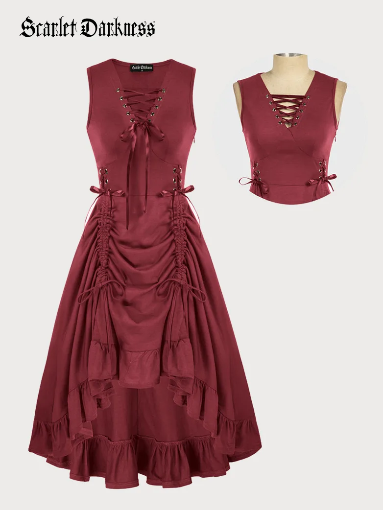 Women Steampunk Lace-up Drawstring High-lo Dress - Image 14