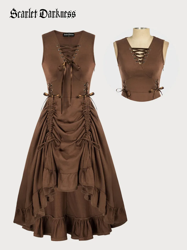 Women Steampunk Lace-up Drawstring High-lo Dress - Image 15