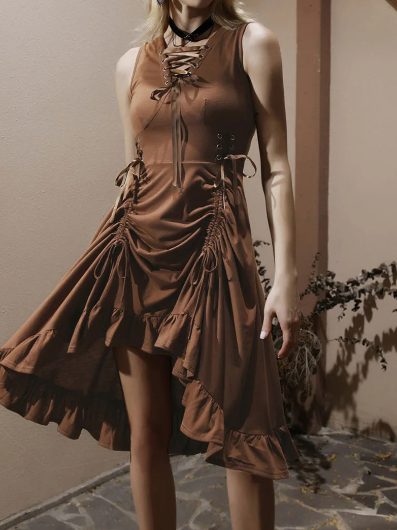 Women Steampunk Lace-up Drawstring High-lo Dress - Image 16