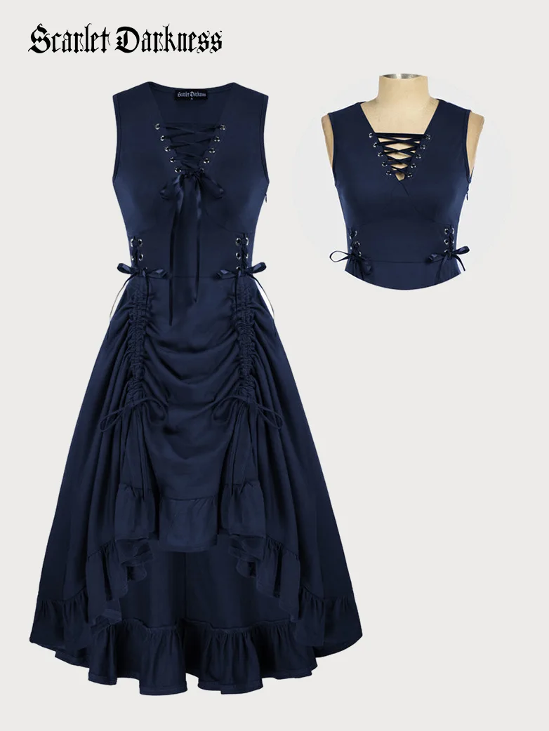 Women Steampunk Lace-up Drawstring High-lo Dress - Image 19