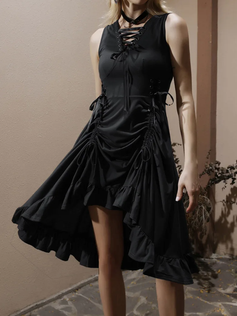 Women Steampunk Lace-up Drawstring High-lo Dress - Image 2