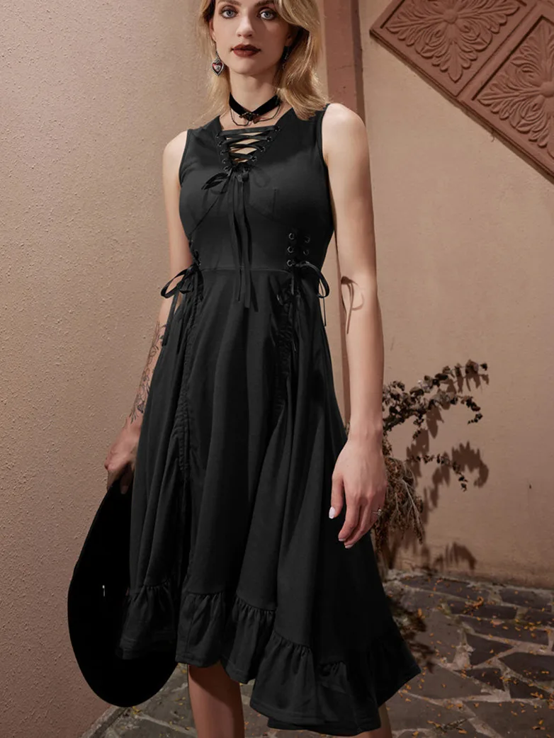 Women Steampunk Lace-up Drawstring High-lo Dress - Image 3