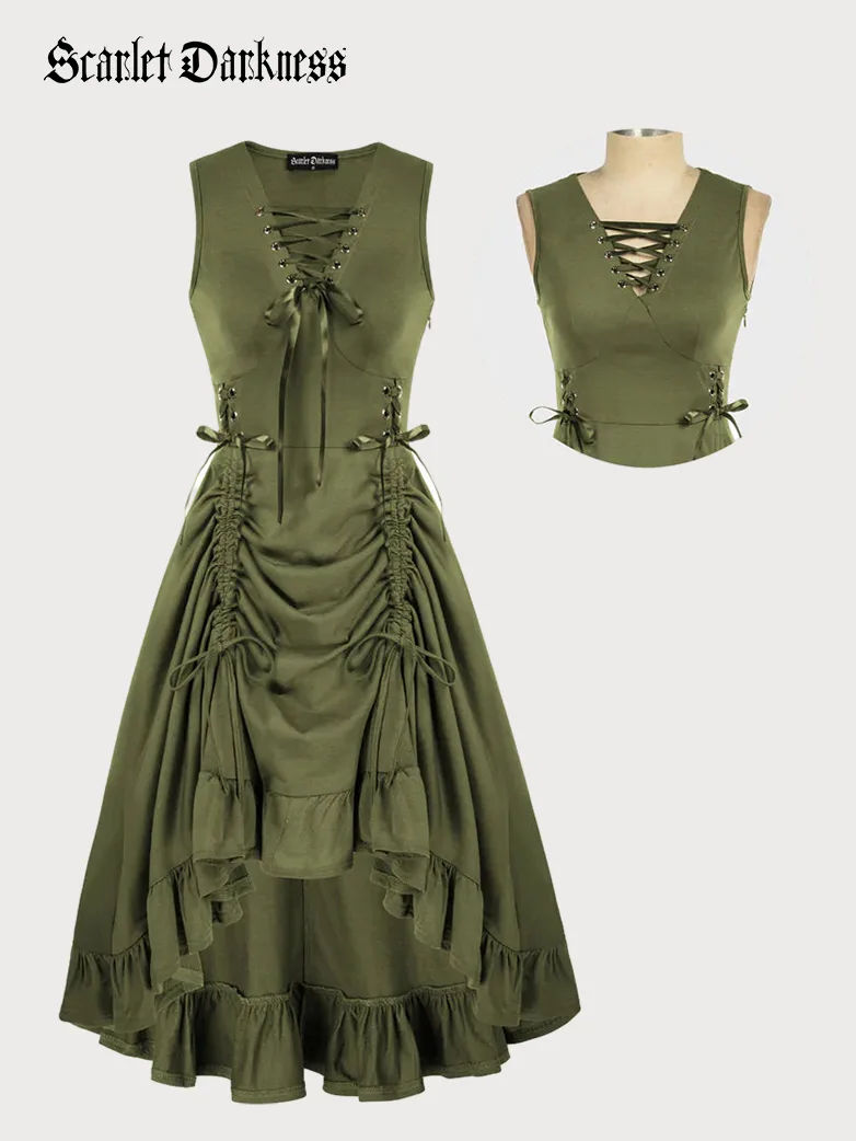 Women Steampunk Lace-up Drawstring High-lo Dress - Image 5