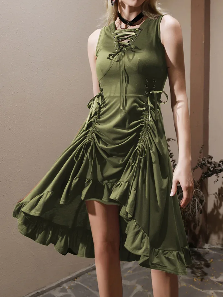 Women Steampunk Lace-up Drawstring High-lo Dress - Image 8