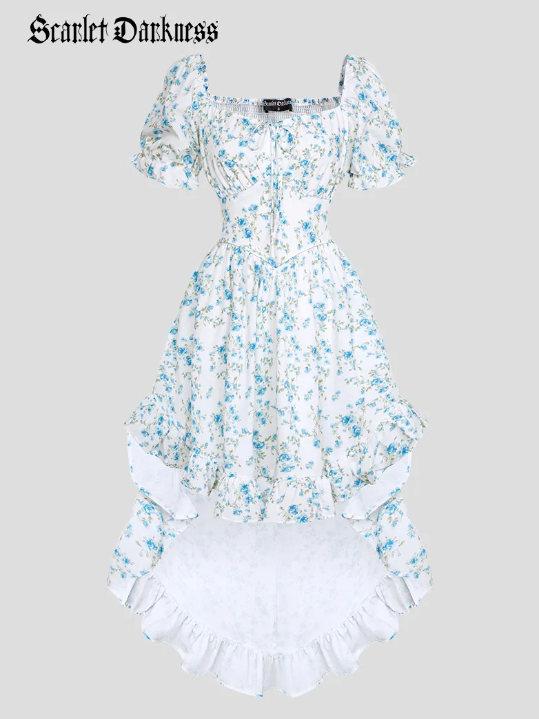 Victorian Puffy Sleeve High Low Hem Pocket Dress - Image 6