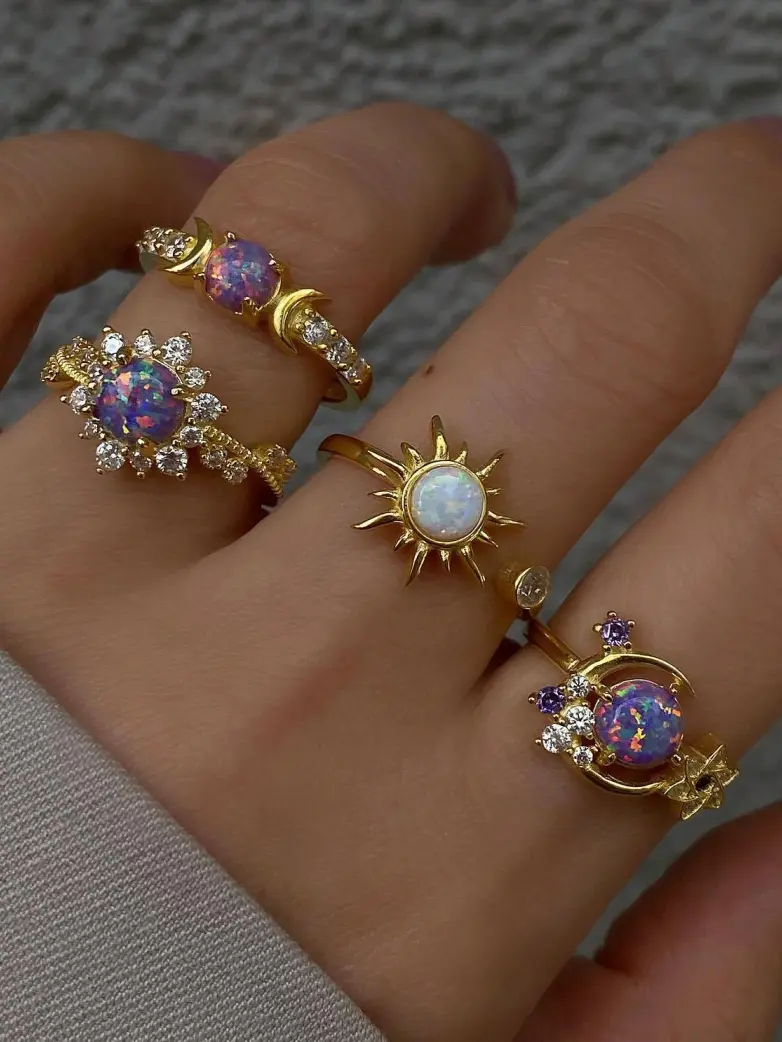 Celestial Gemstone Sun and Moon Ring Set