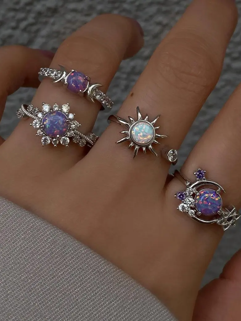 Celestial Gemstone Sun and Moon Ring Set - Image 3