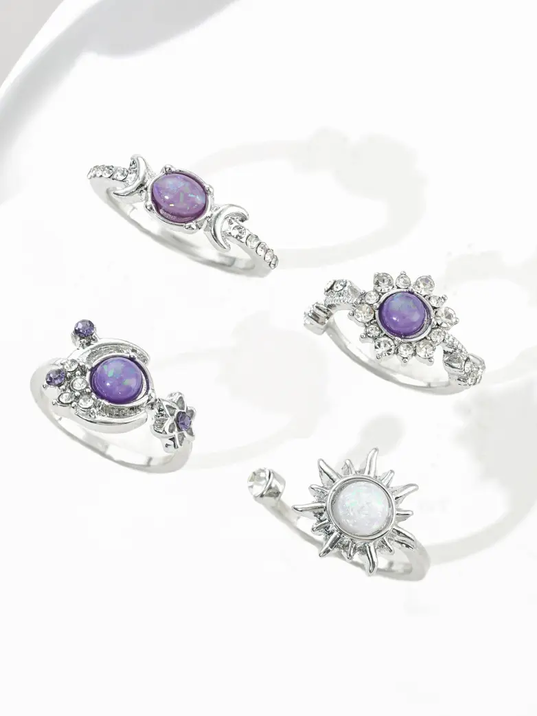 Celestial Gemstone Sun and Moon Ring Set - Image 4