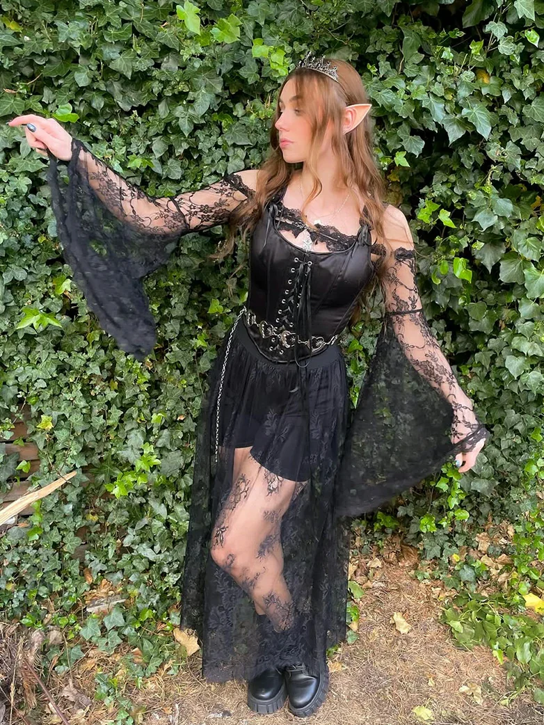 Gothic Long Skirts Lace Sexy Mesh Overskirt with Mini Shorts - Image 2