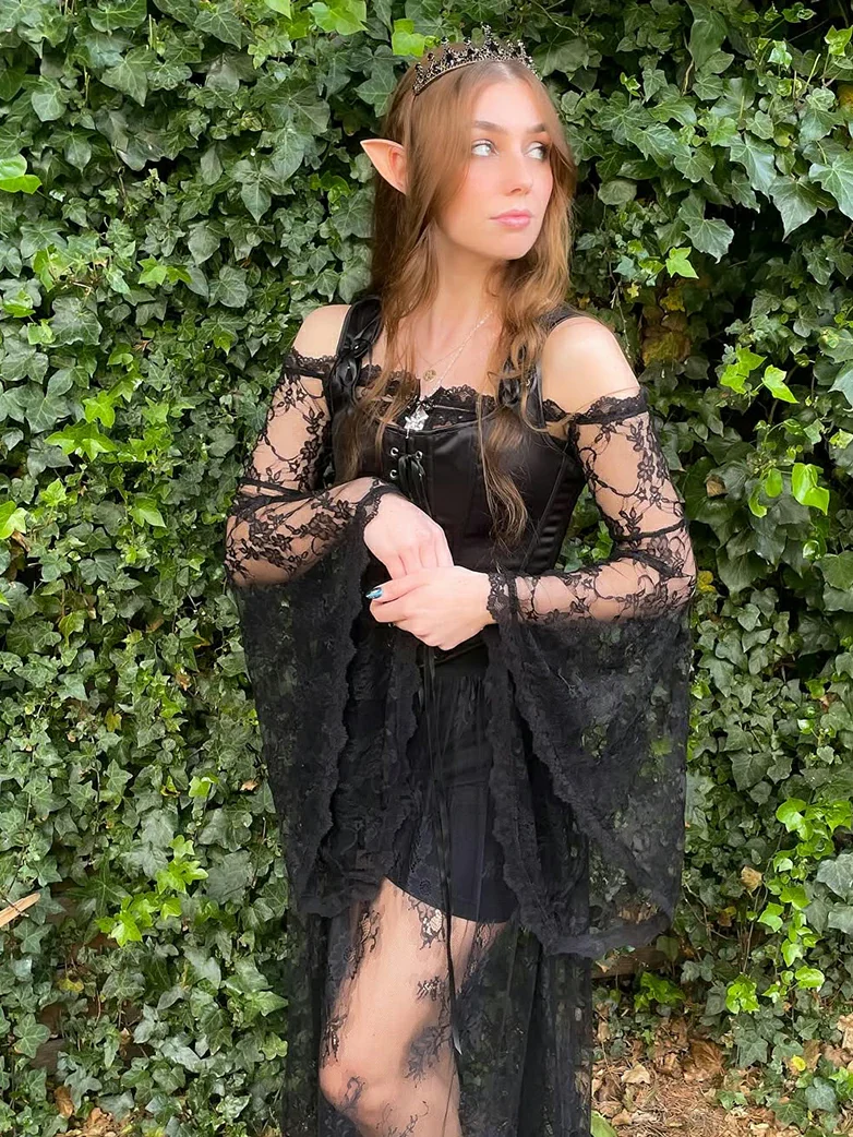 Gothic Long Skirts Lace Sexy Mesh Overskirt with Mini Shorts - Image 4