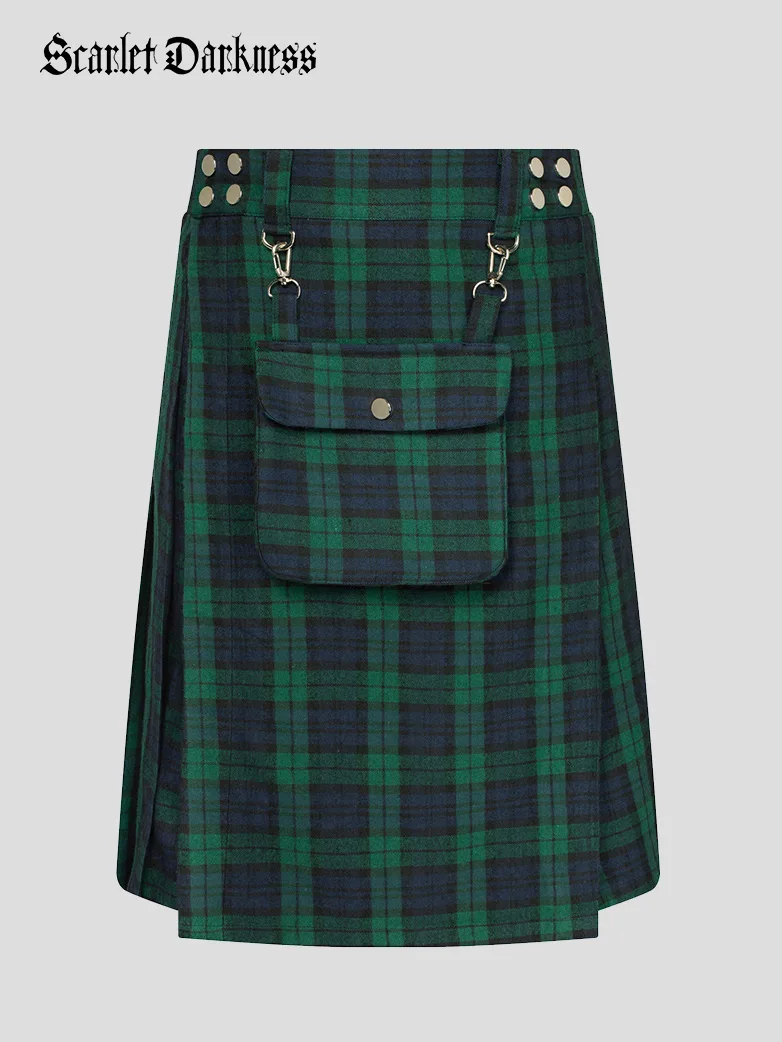 Scottish Tartan Utility Kilt Midi Skirt with Bag